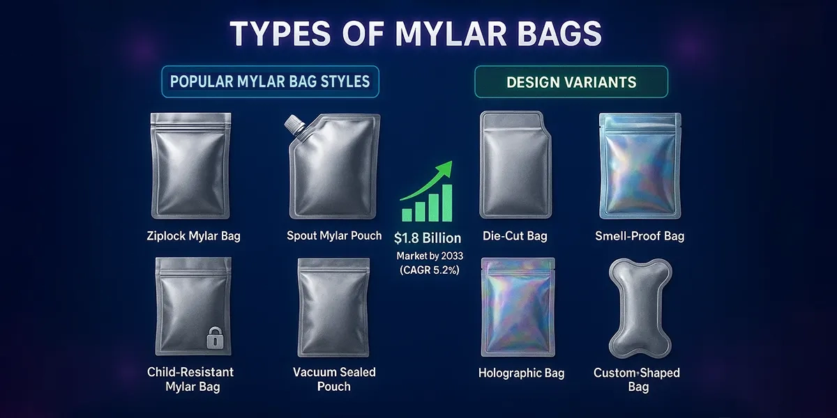 Display of various professional Mylar bags